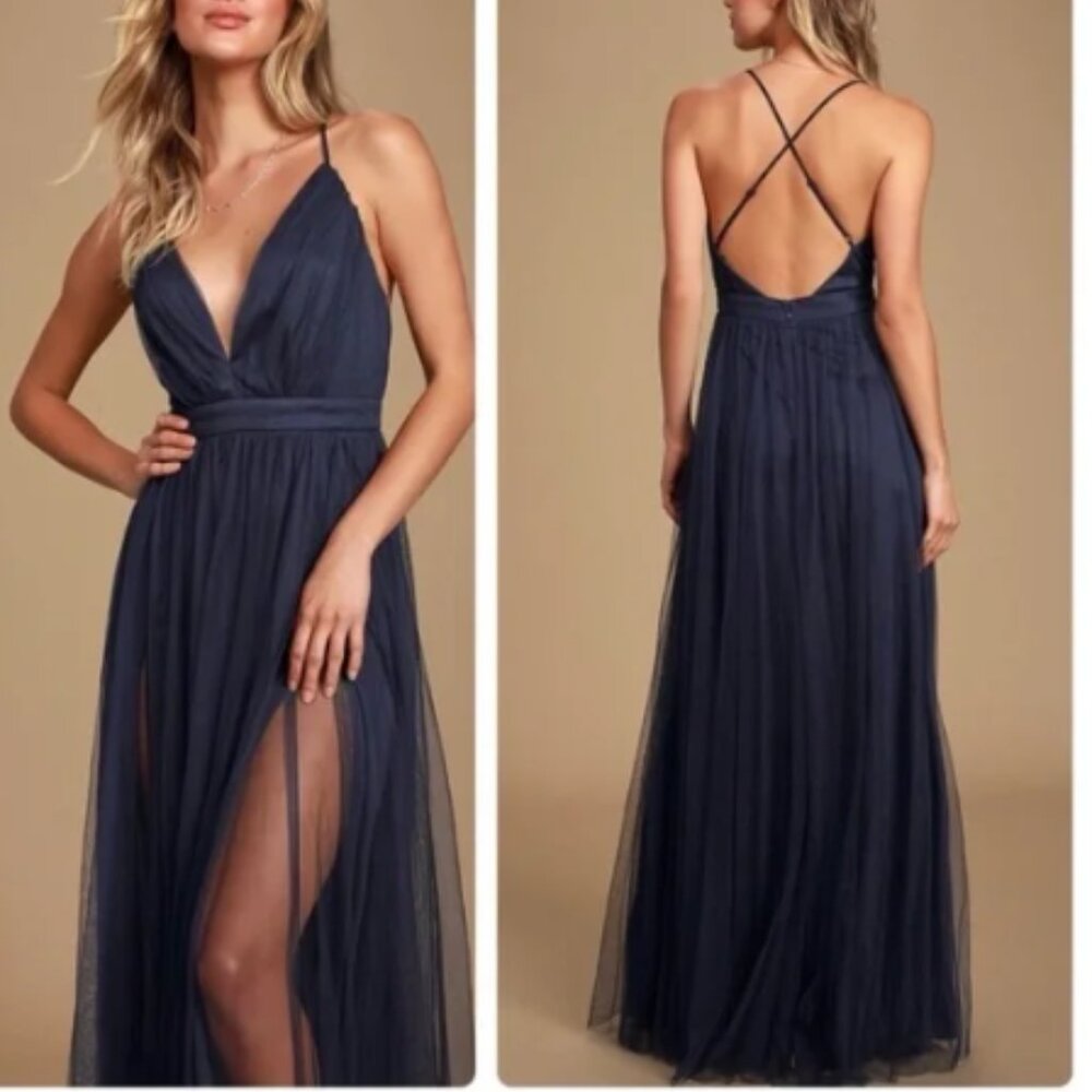 Lulu's Navy Blue Spaghetti Strap Tulle Wedding Dress